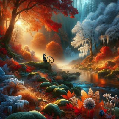 The primary subject of the image is a cat sitting on a rock in a forest. The setting is a forest with a river flowing through it, and the visual style is a digital art illustration. The dominant colors in the image are red, orange, and green, creating a warm and vibrant atmosphere.